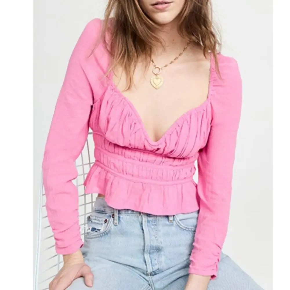 Free People Chloe Aurora Pink Smocked Peplum Sweetheart Bohemian Cropped Top